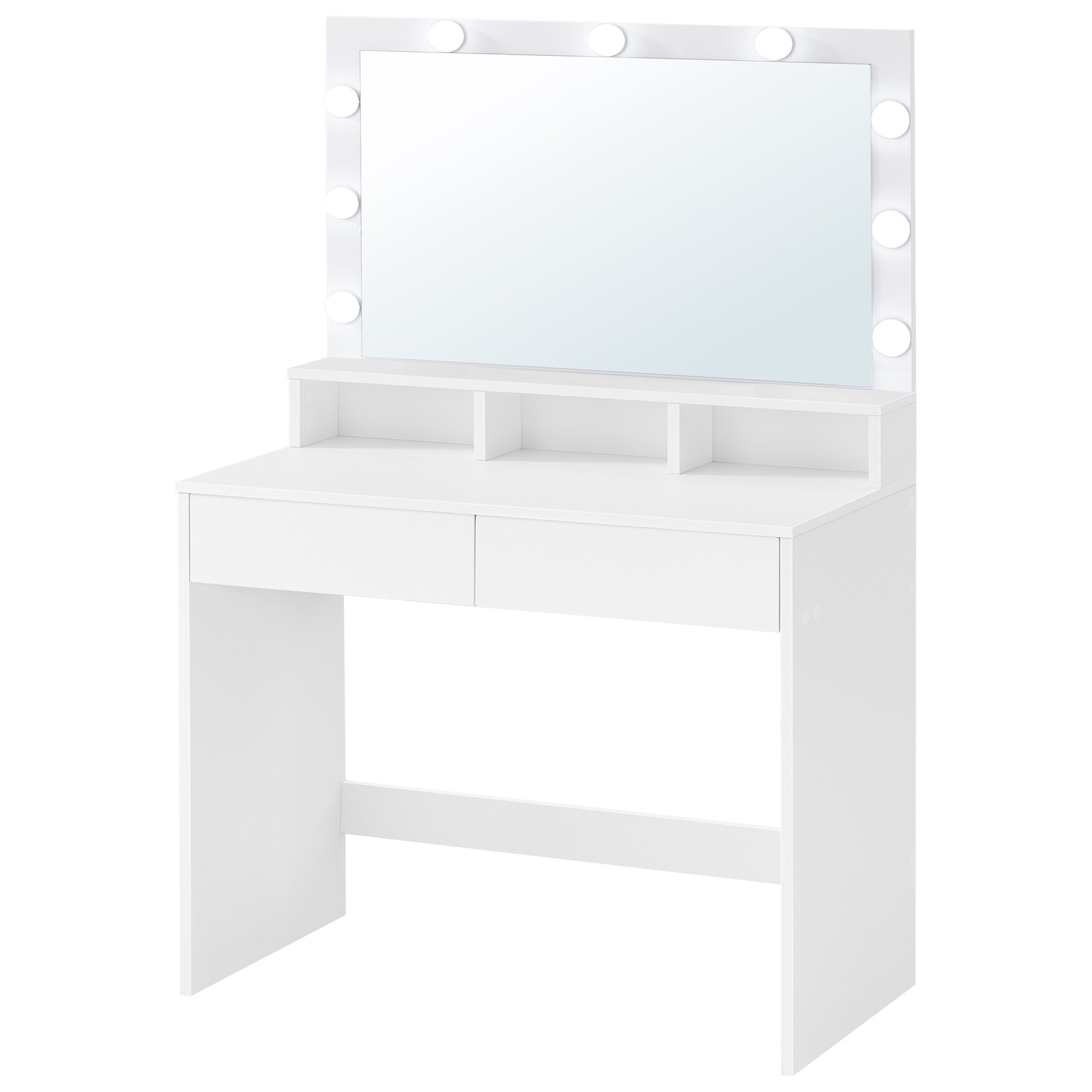 Vanity Table with Large Mirror, LED Lights with Adjustable Brightness, 2 Drawers and 3 Compartments Vanity Table with Large Mirror, LED Lights with Adjustable Brightness, 2 Drawers and 3 Compartments