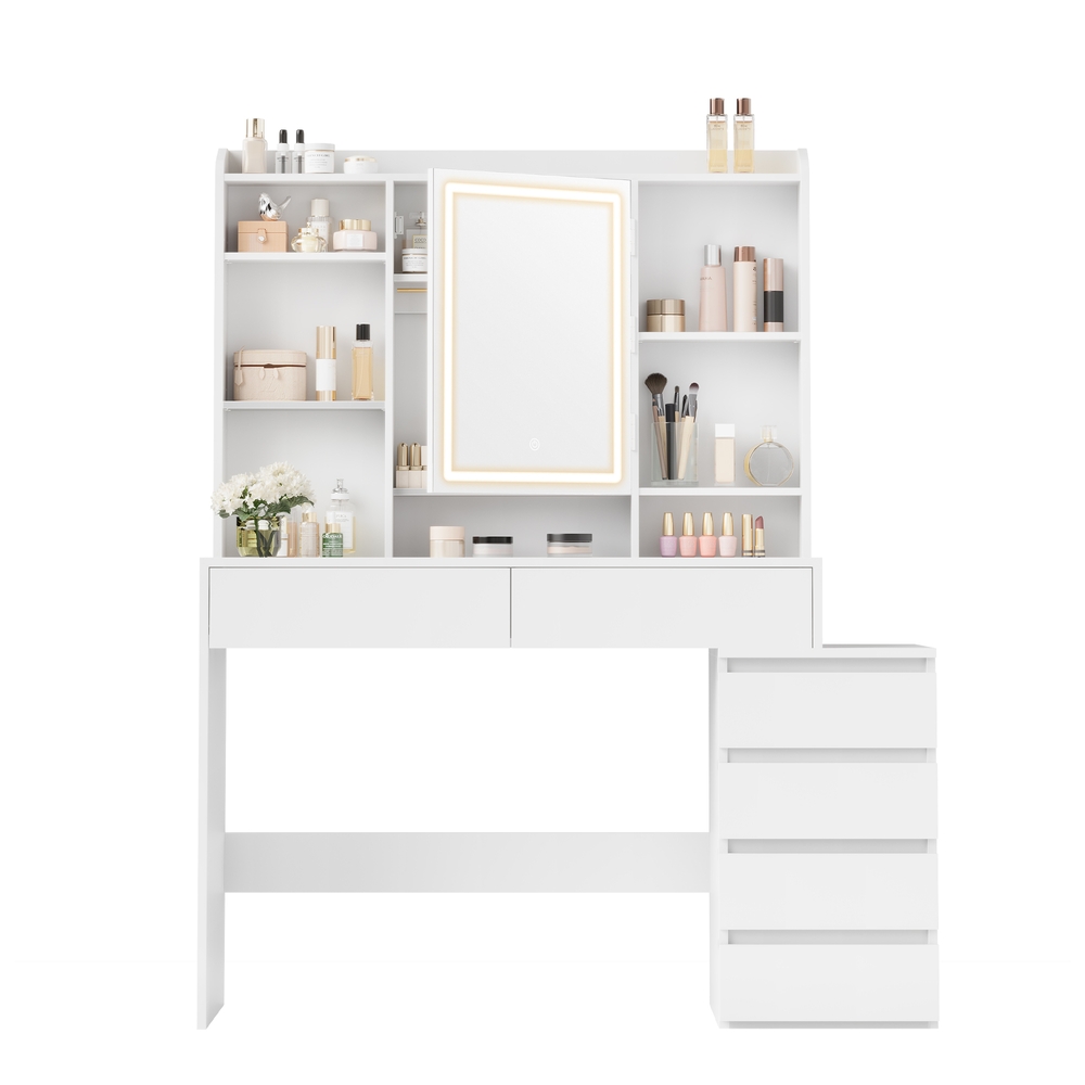 Modern White Dressing Table with Mirror, Adjustable LED Lights and Storage