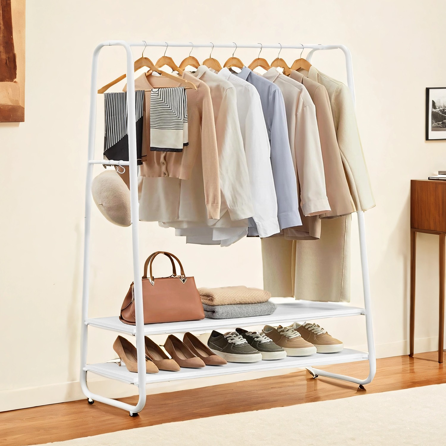 Sturdy Steel Clothes Rack With 2 Shelves and 6 S-Shaped Hooks, Bedroom Storage Organizer in Cloud & Matte White Finish