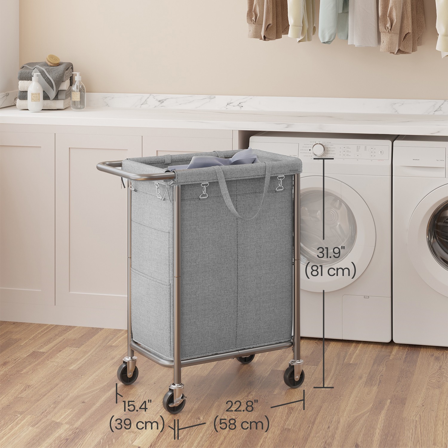 Laundry Basket with Wheels, 2-Section Rolling Laundry Hamper, 140 L