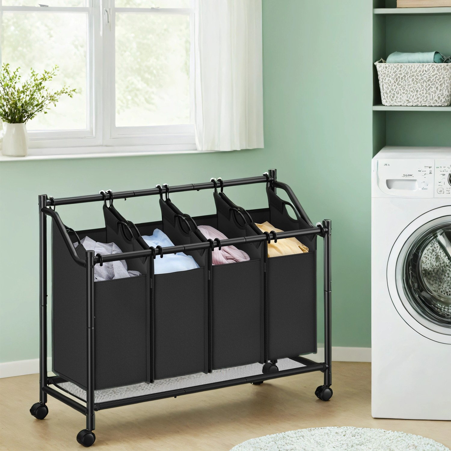 Mobile Laundry Organizer Cart With 4 Detachable Bags, Rolling Hamper Basket Trolley For Bedroom Bathroom Laundry Room, 4 X 45L