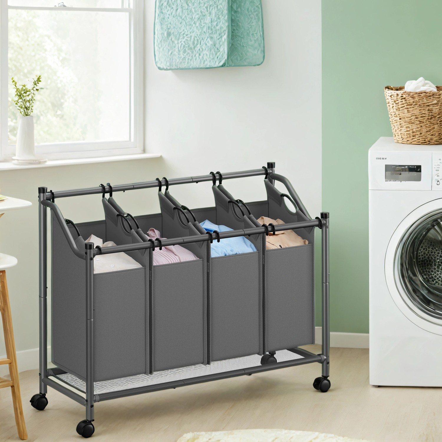 Mobile Laundry Organizer Cart With 4 Detachable Bags, Rolling Hamper Basket Trolley For Bedroom Bathroom Laundry Room, 4 X 45L Mobile Laundry Organizer Cart With 4 Detachable Bags, Rolling Hamper Basket Trolley For Bedroom Bathroom Laundry Room, 4 X 45L