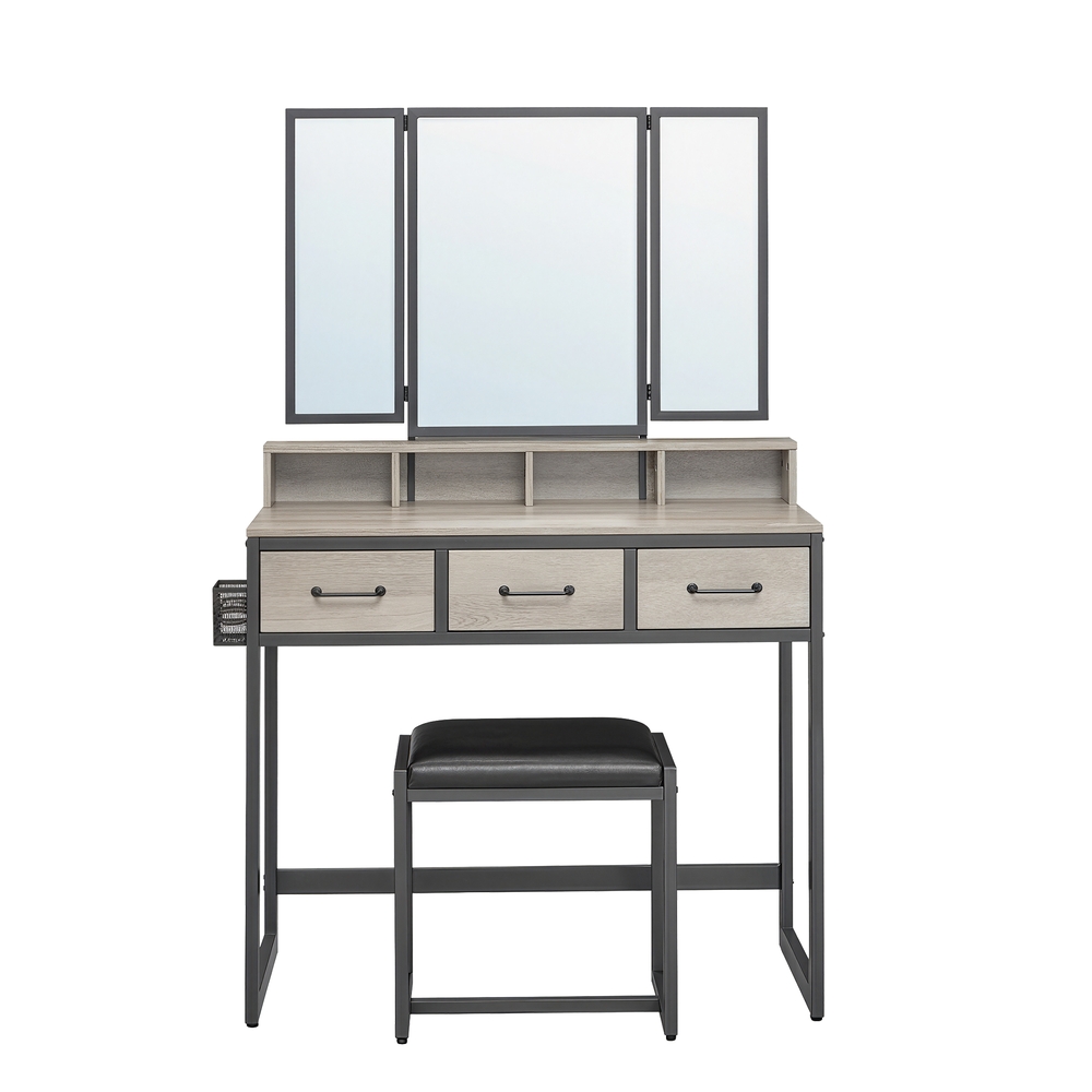 Makeup Vanity Desk with Tri-Fold Mirror, 3 Drawers and Stool, Dressing Table for Bedroom
