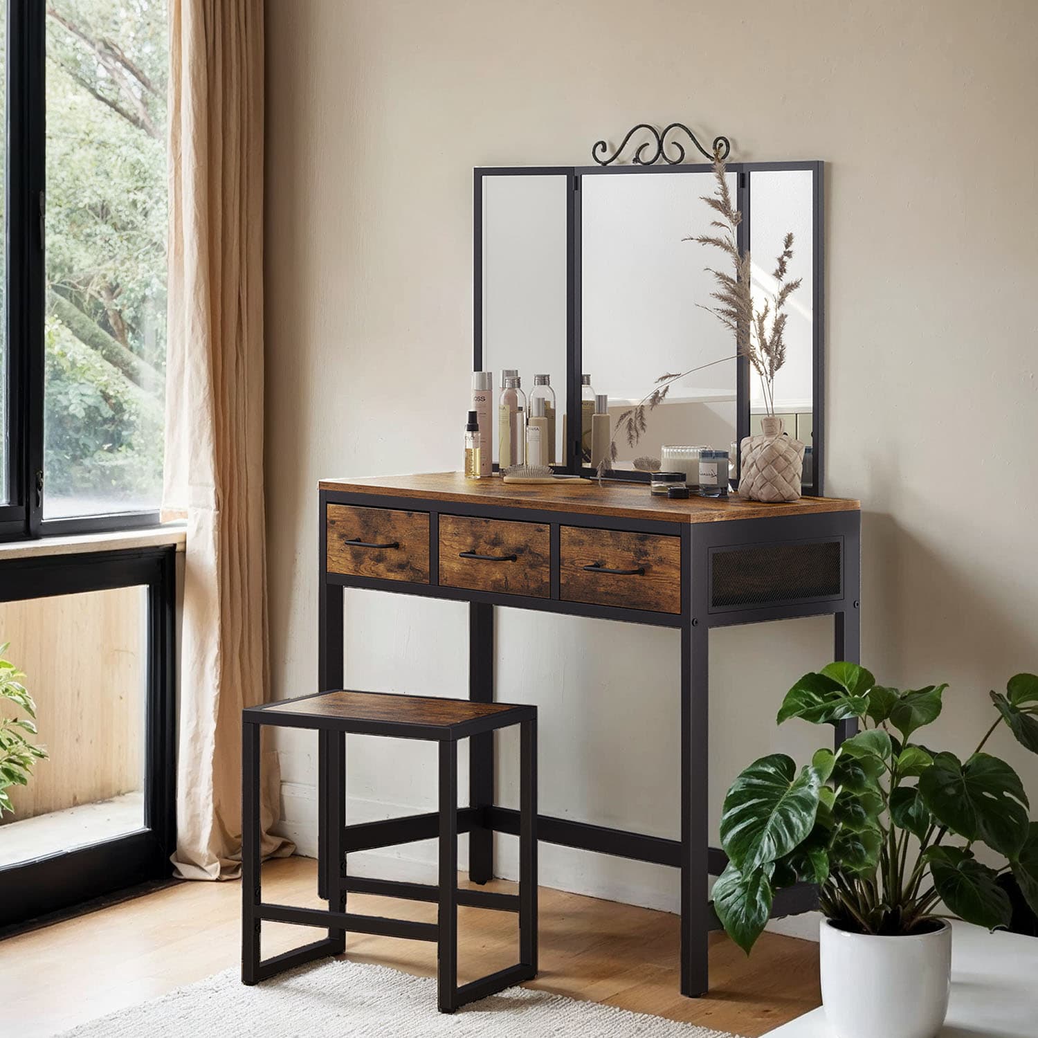 Dressing Table and Stool Set, Triple Fold Mirror, Industrial Vanity Table with 3 Drawers, Steel Frame, Brown and Black Dressing Table and Stool Set, Triple Fold Mirror, Industrial Vanity Table with 3 Drawers, Steel Frame, Brown and Black