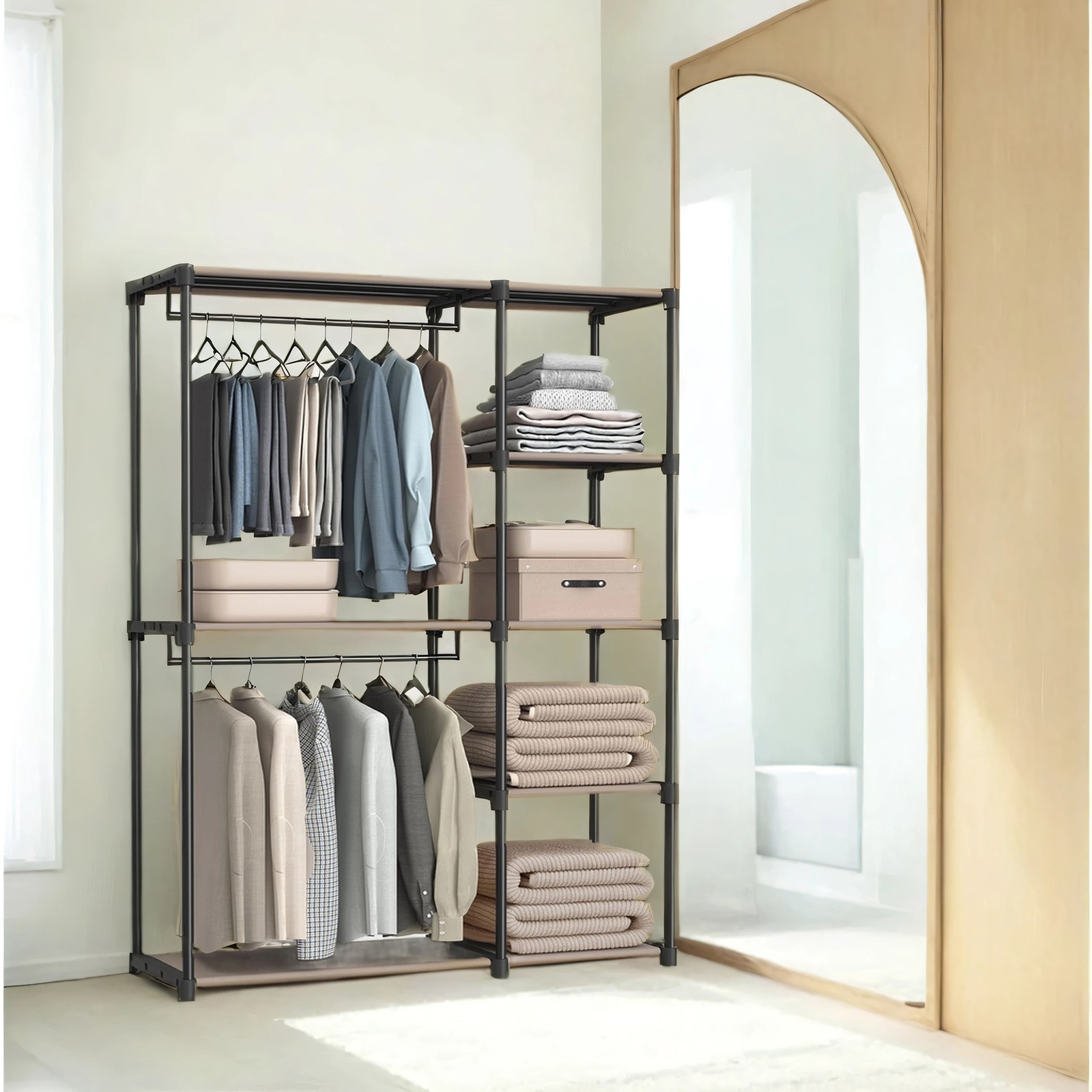 Freestanding Foldable Closet Wardrobe with Coat Rack and Clothes Rails, Black