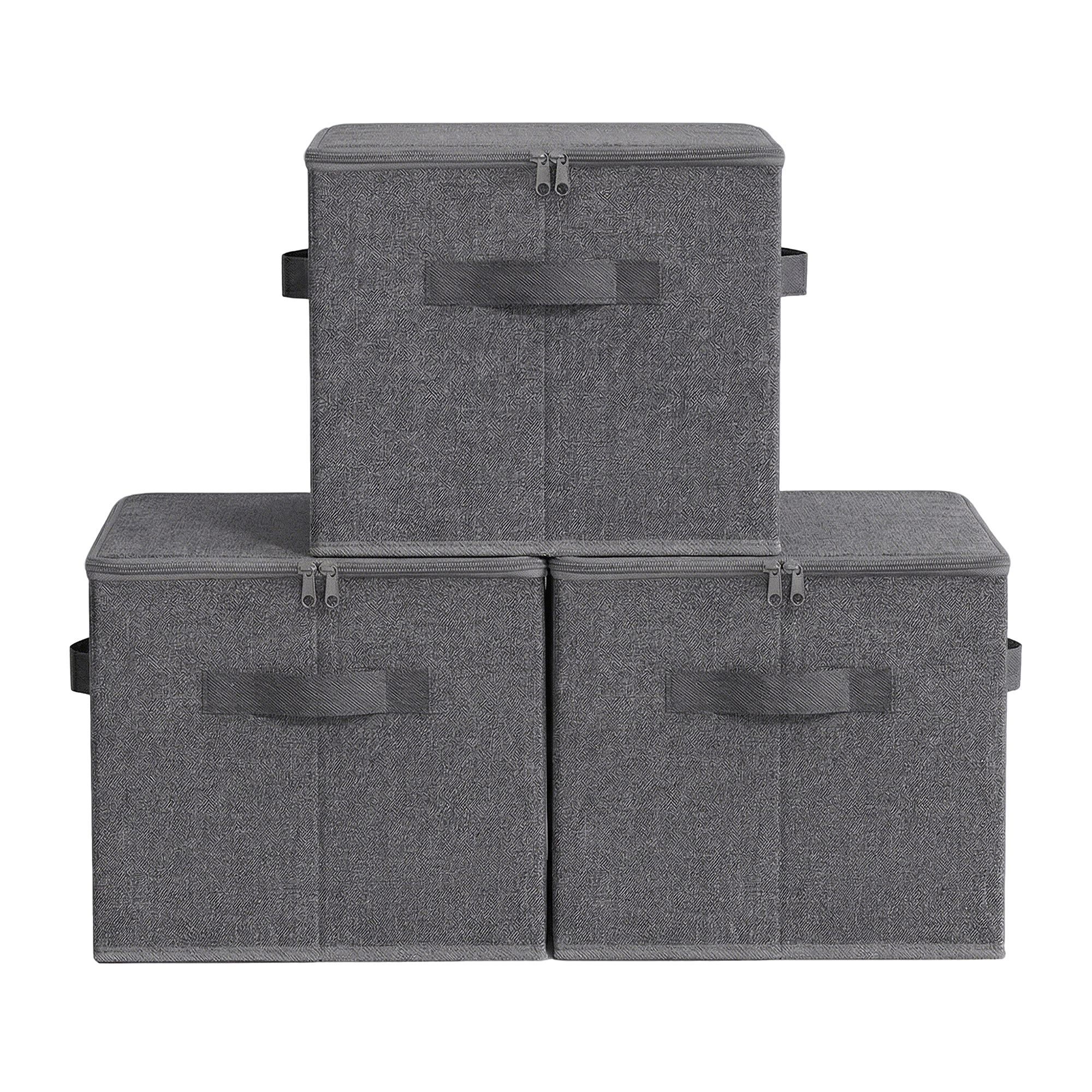 Set of 3 Foldable Storage Boxes with Lids and Handles, Non-Woven Clothes Organiser Baskets