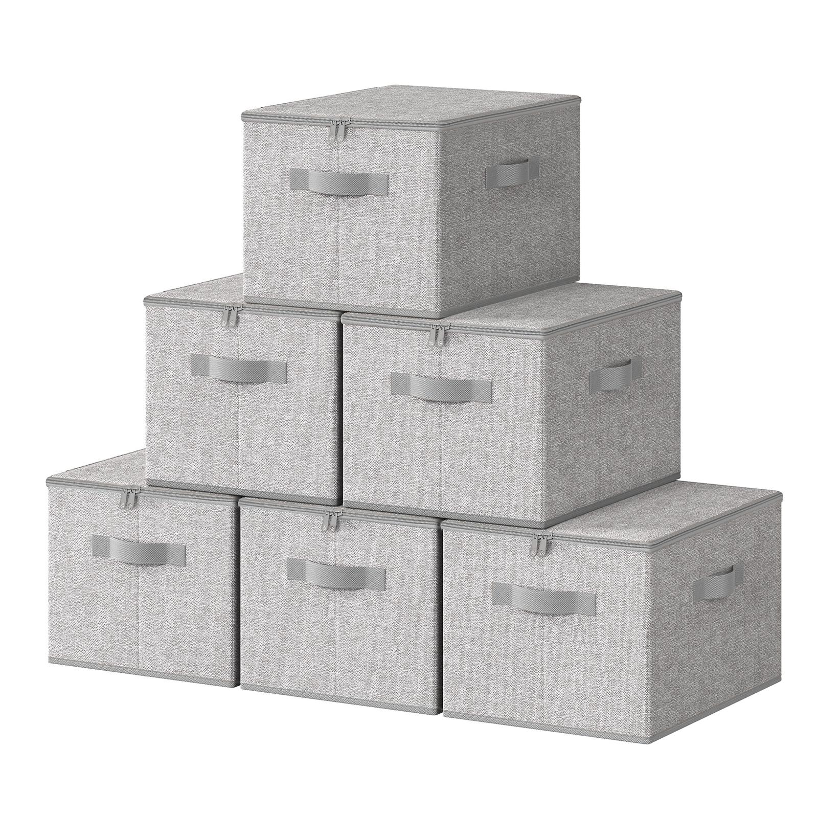 Set of 6 Foldable Storage Boxes with Lids and Handles, Non-Woven Clothes Organiser Baskets