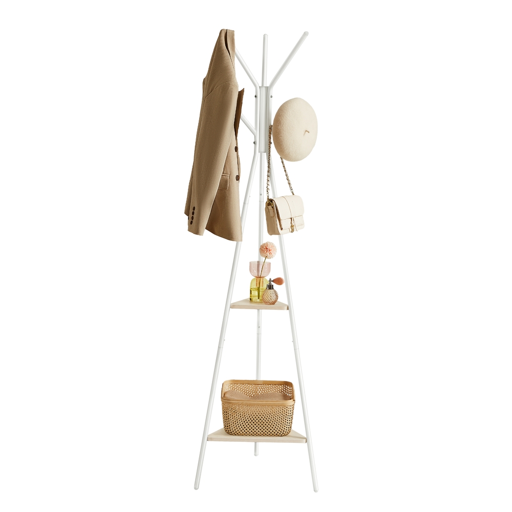 Industrial Hall Tree with 2 Shelves – Coat Rack & Bag Holder for Entryway, Rustic Beige & White Storage Stand