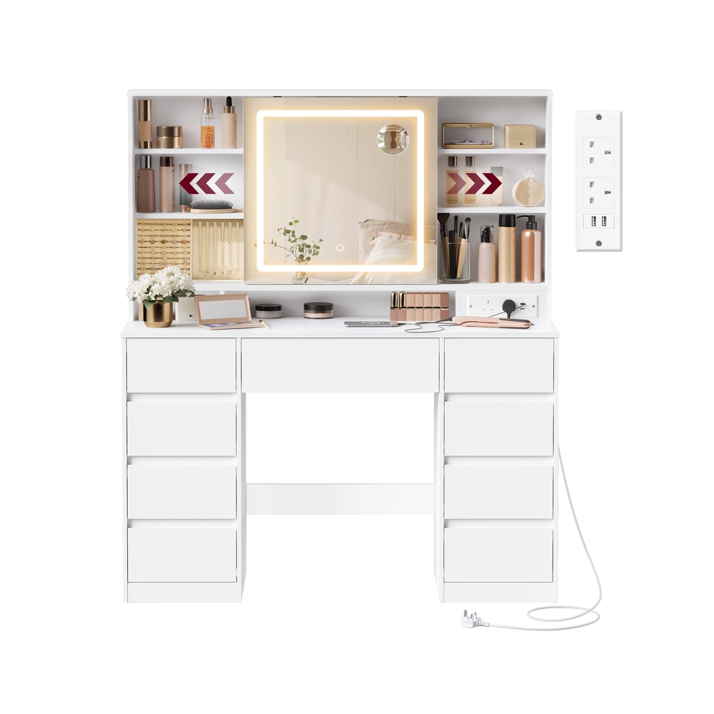 KAILYN Collection Dressing Table with LED Mirror 9 Drawers Cloud White