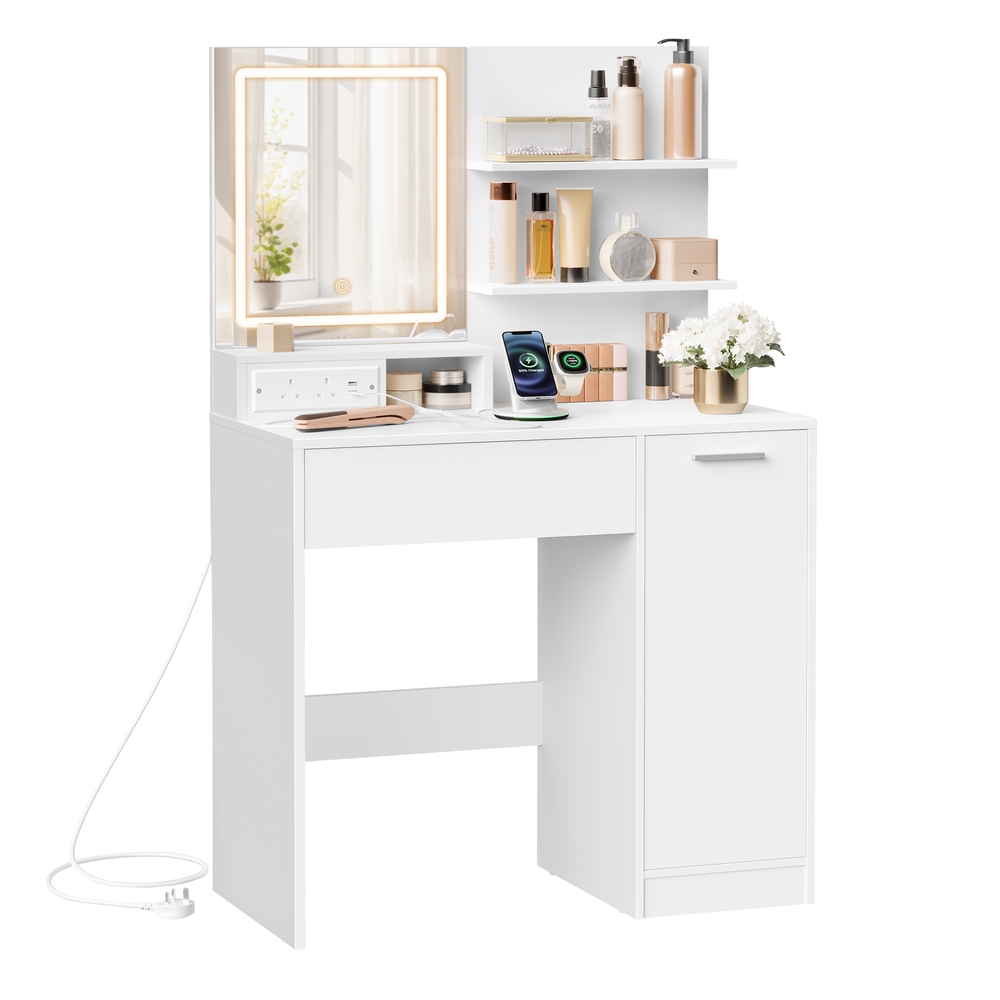 Dressing table with LED lights mirror and adjustable shelves
