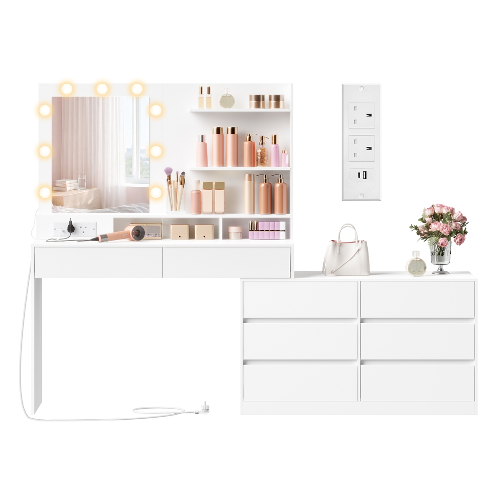 KAILYN Collection – Dressing Table with LED Lighted Mirror and Power Outlets Cloud White