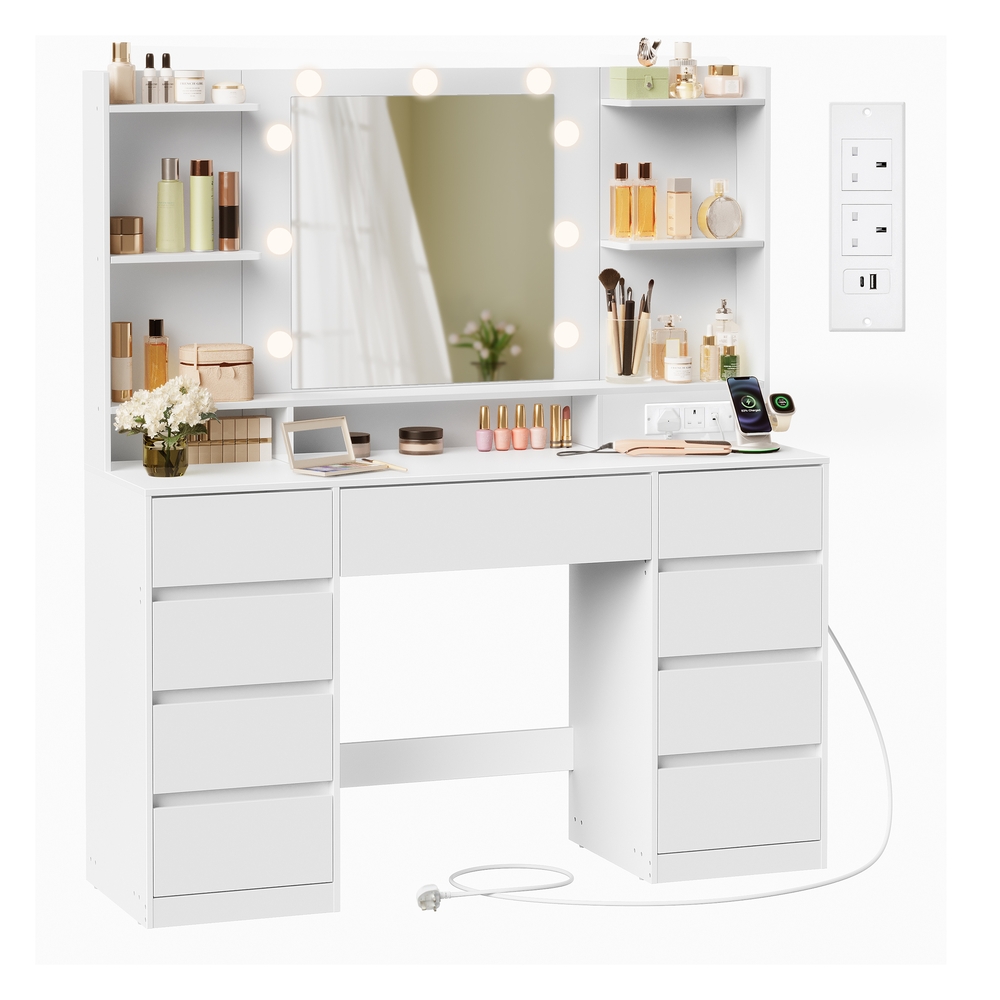 KAILYN Collection – Dressing Table with LED Mirror and 9 Drawers Cloud White
