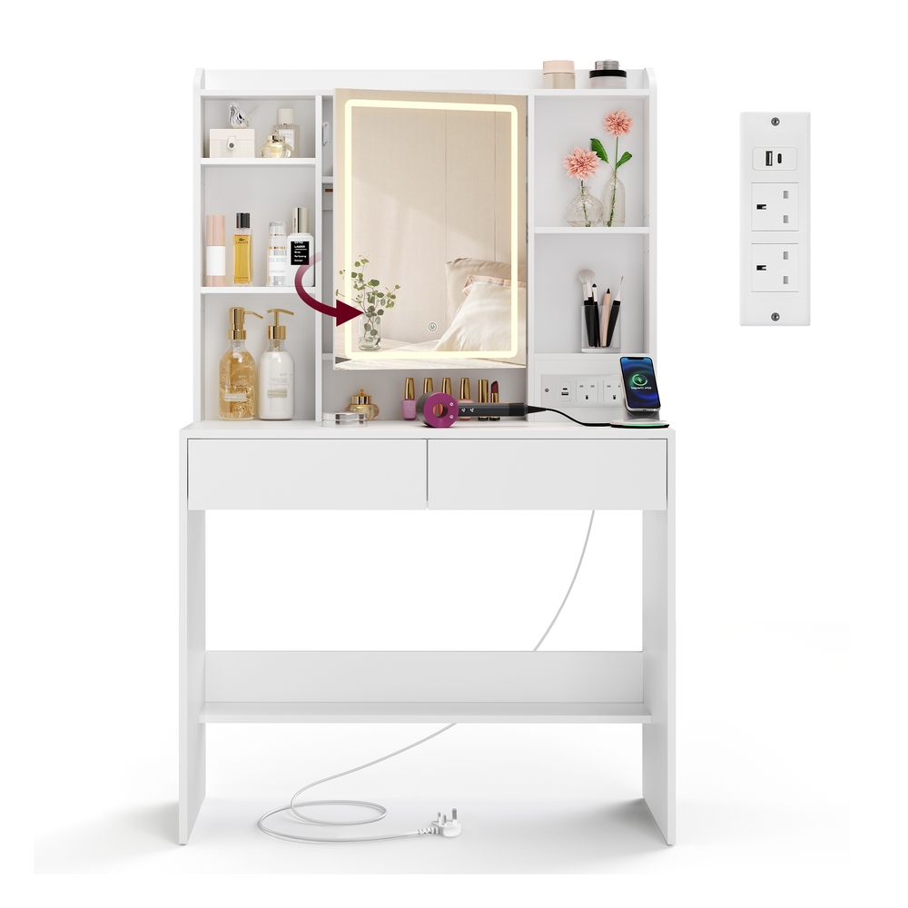 KAILYN Collection – Dressing Table with 3-Colour LED Lights and 2 Drawers Cloud White