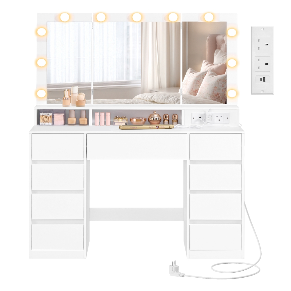 KAILYN Collection – Dressing Table with Tri-Fold Mirror and 9 Draweres Cloud White