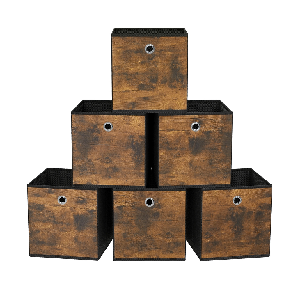 Foldable Storage Cubes Set of 6: 33cm Cube Bins with Handles, Oxford & Non-Woven Fabric, Rustic Brown & Black