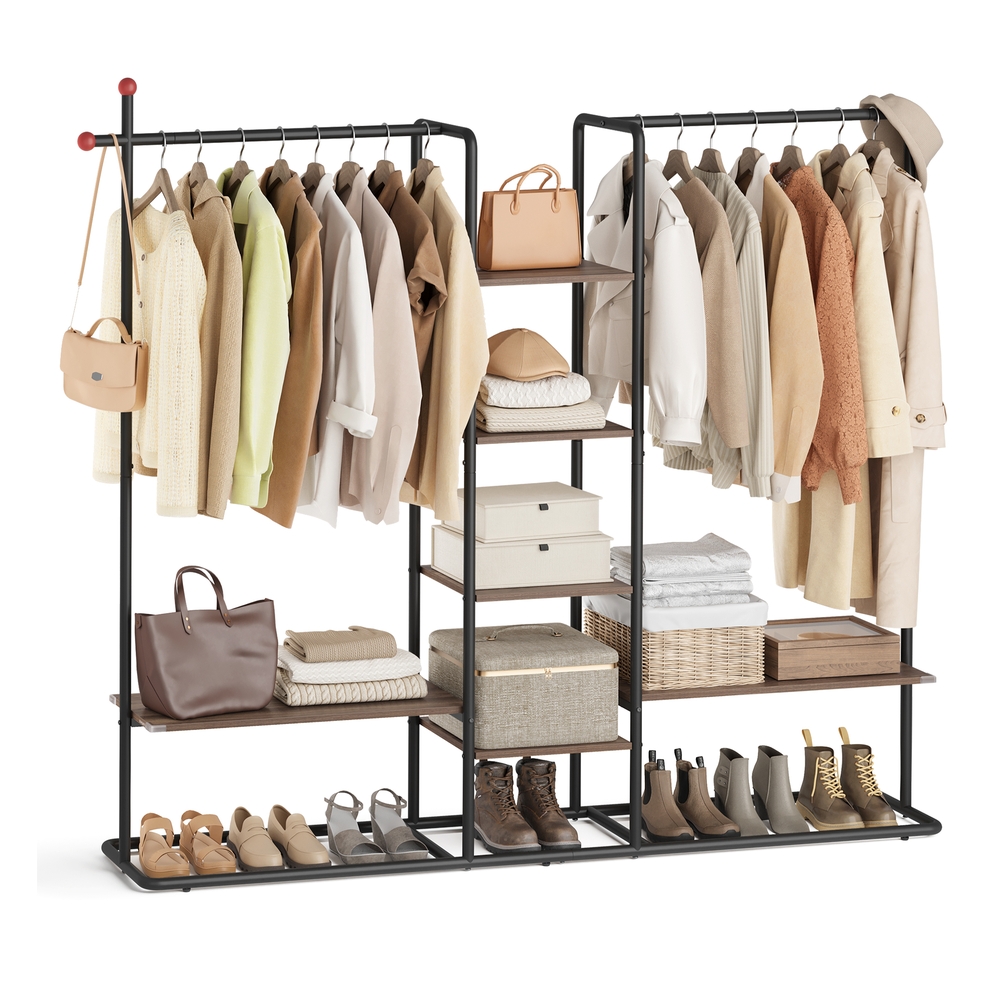 Clothes Rail 6 Storage Shelves 2 Hanging Rails Natural Walnut and Ink Black
