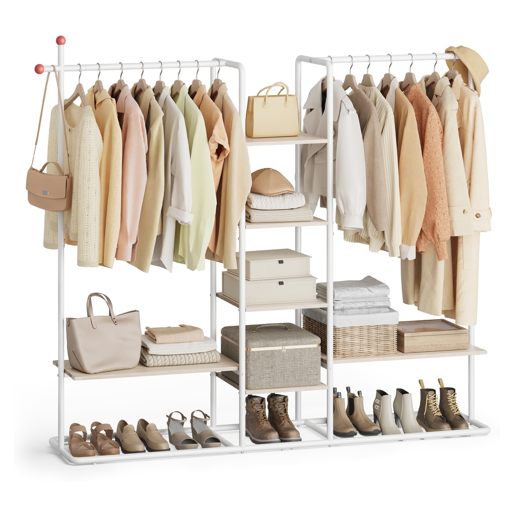 Clothes Rail 6 Storage Shelves 2 Hanging Rails Natural Beige and Matte White