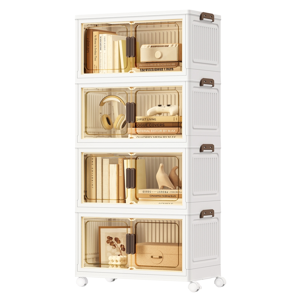 Storage Boxes with Lid, 4-Tier Stackable Organiser with 1 Lid, Plastic Storage Bins on Wheels, Magnetic Door, Home Organisation, White, 55 L per Tier, 220 L Total