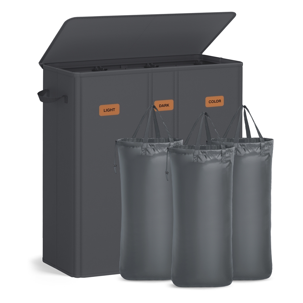 Laundry basket with three compartments lid washable liner and labels