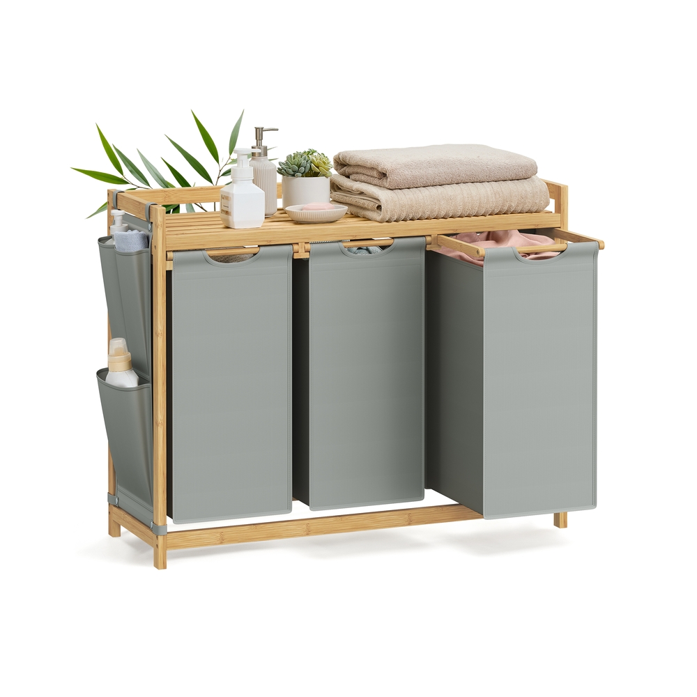 3-Compartment Laundry Basket, 150L with Shelf & Pockets, Dove Grey 3-Compartment Laundry Basket, 150L with Shelf & Pockets, Dove Grey