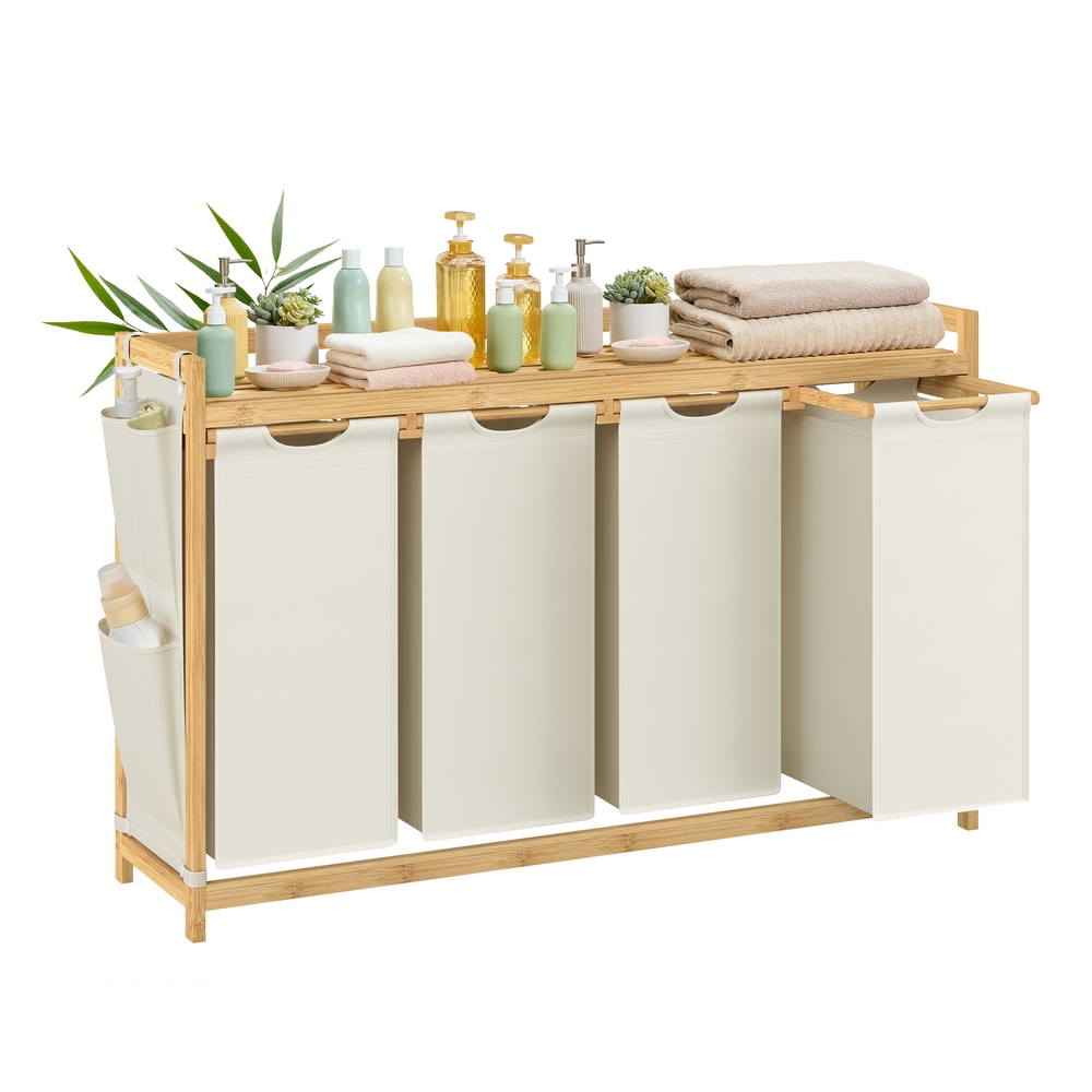 4-Compartment Laundry Basket with Shelf and Pockets