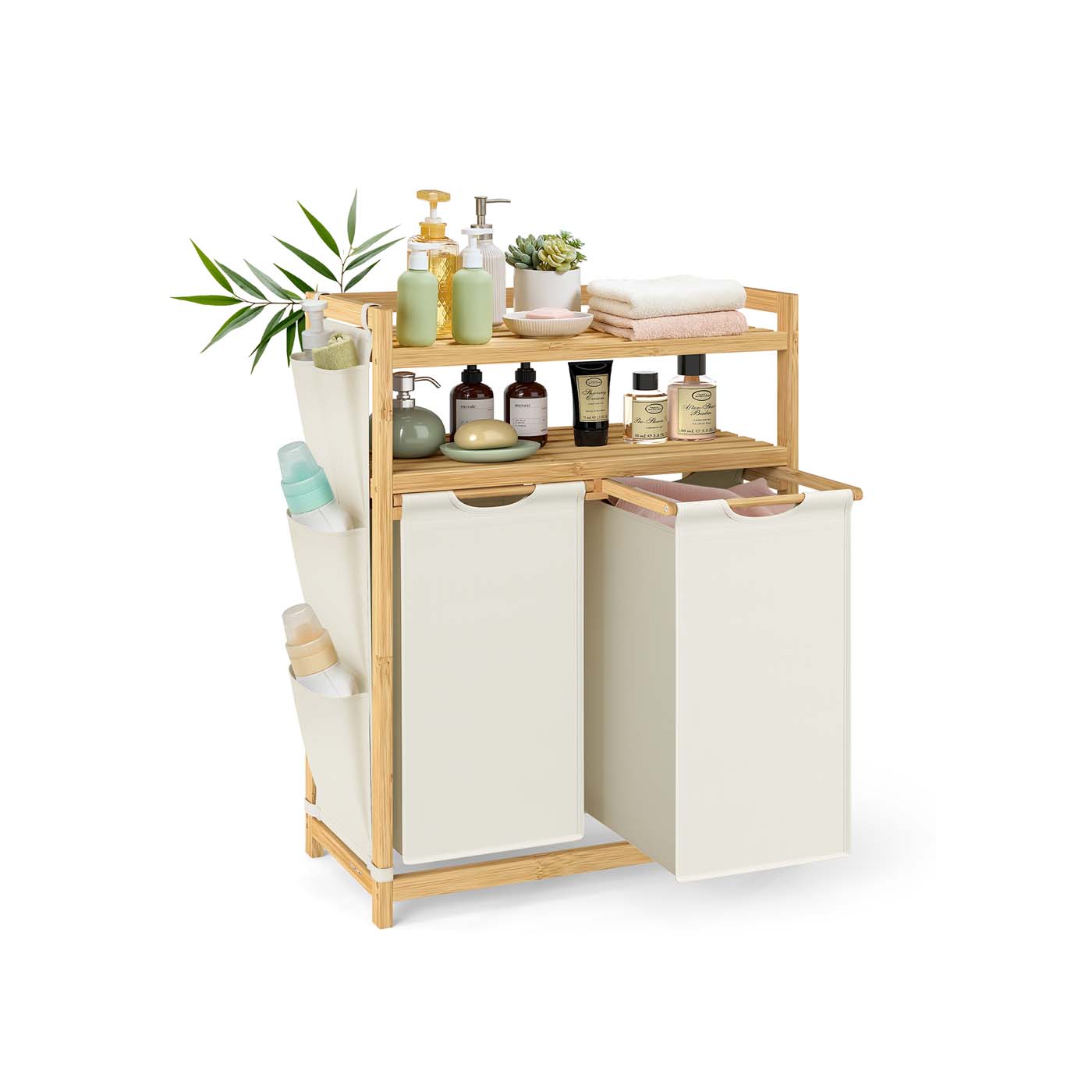 Laundry hamper with multiple compartments shelf and side pockets