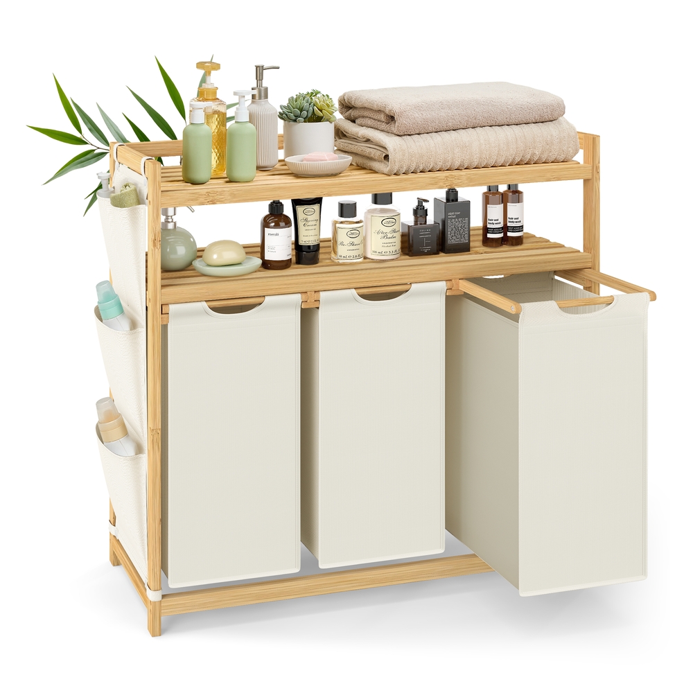Laundry hamper with multiple compartments shelf and side pockets