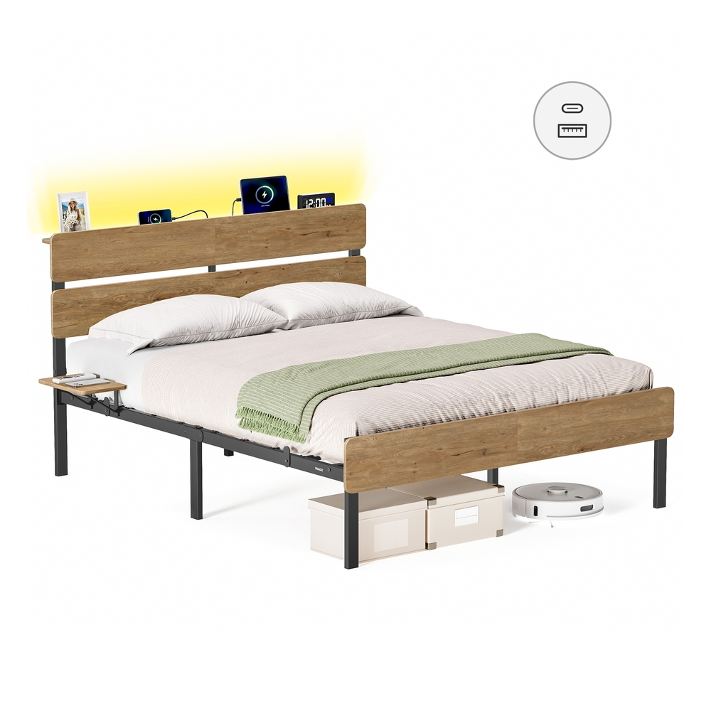 Metal bed frame with LED lights USB ports and under bed storage