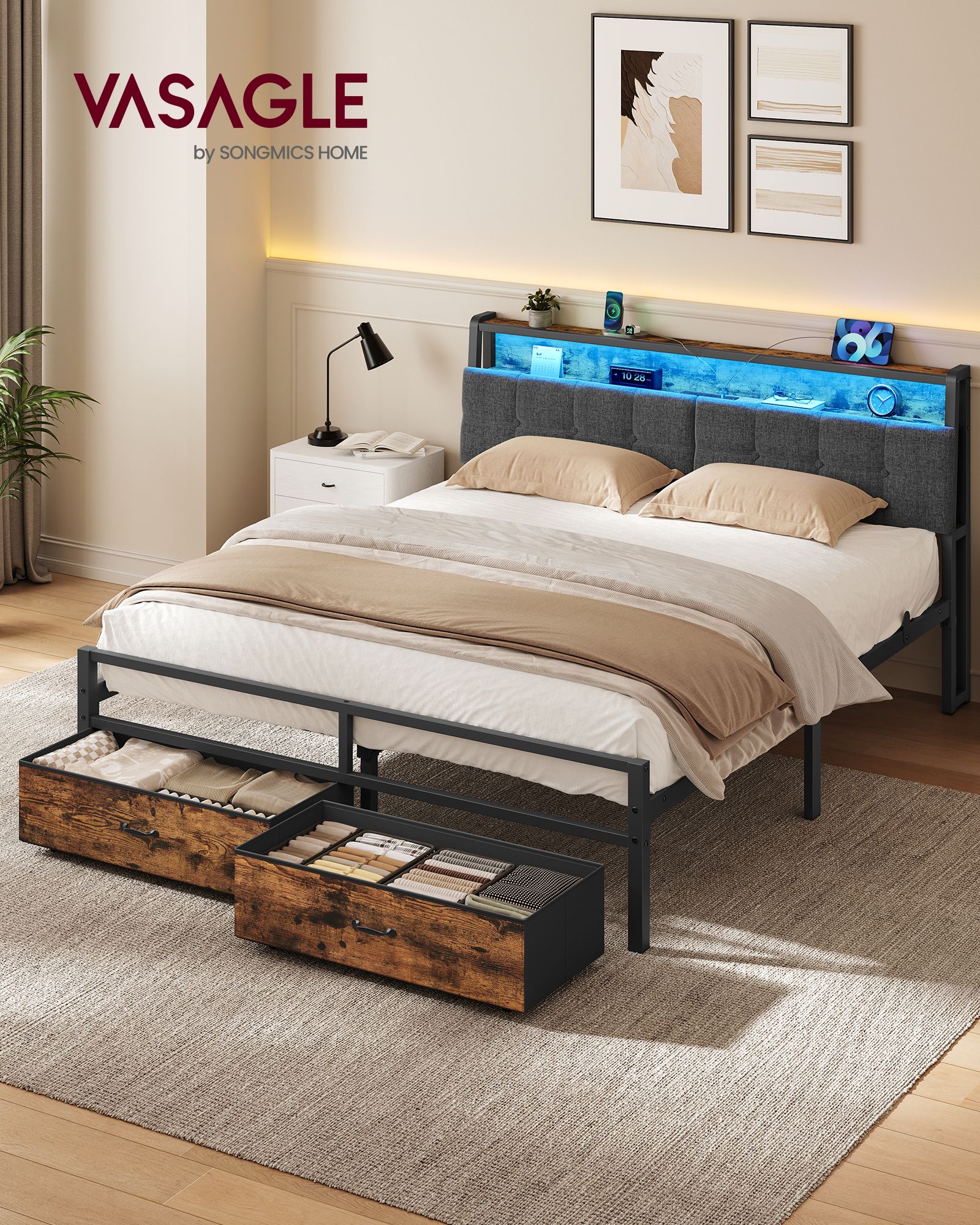 Ink black and rustic brown king metal bed frame with LED lights charging station and 2 storage drawers Ink black and rustic brown king metal bed frame with LED lights charging station and 2 storage drawers