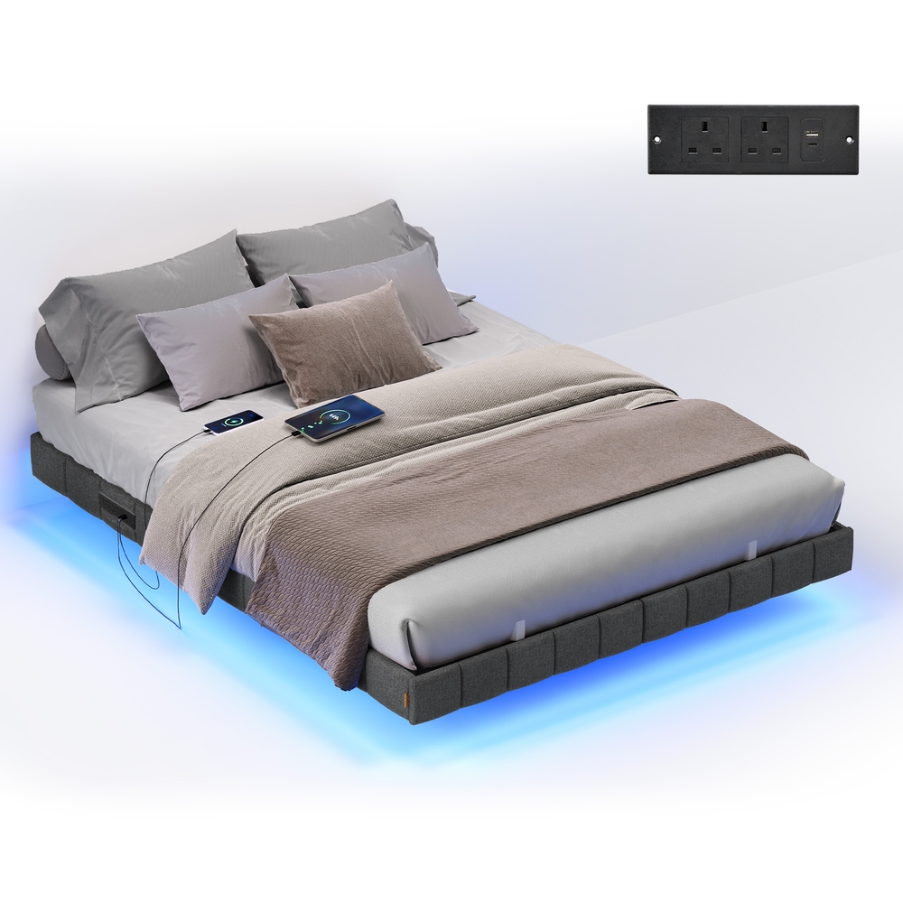 Double Floating Bed Frame 135 x 190 cm Platform Bed with LED Lights and Charging Station Slate Grey