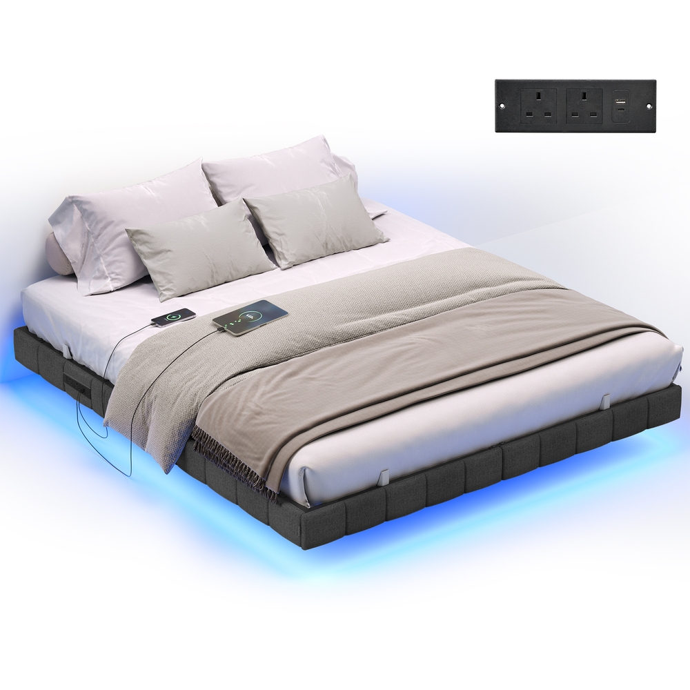 King Floating Bed Frame 150 x 200 cm Slate Platform Bed with LED Lights and Charging Station Grey