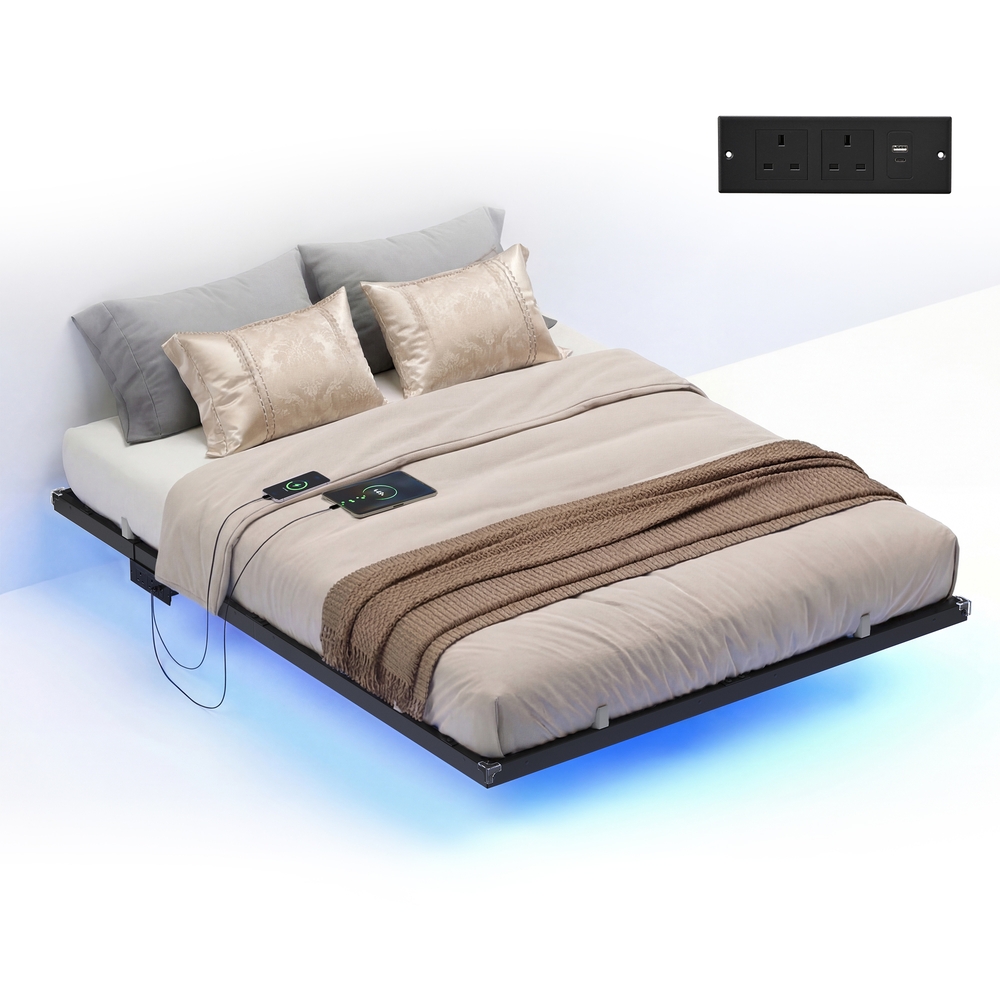 Double Floating Bed Frame 135 x 190 cm LED Lights Charging Station Ink Black
