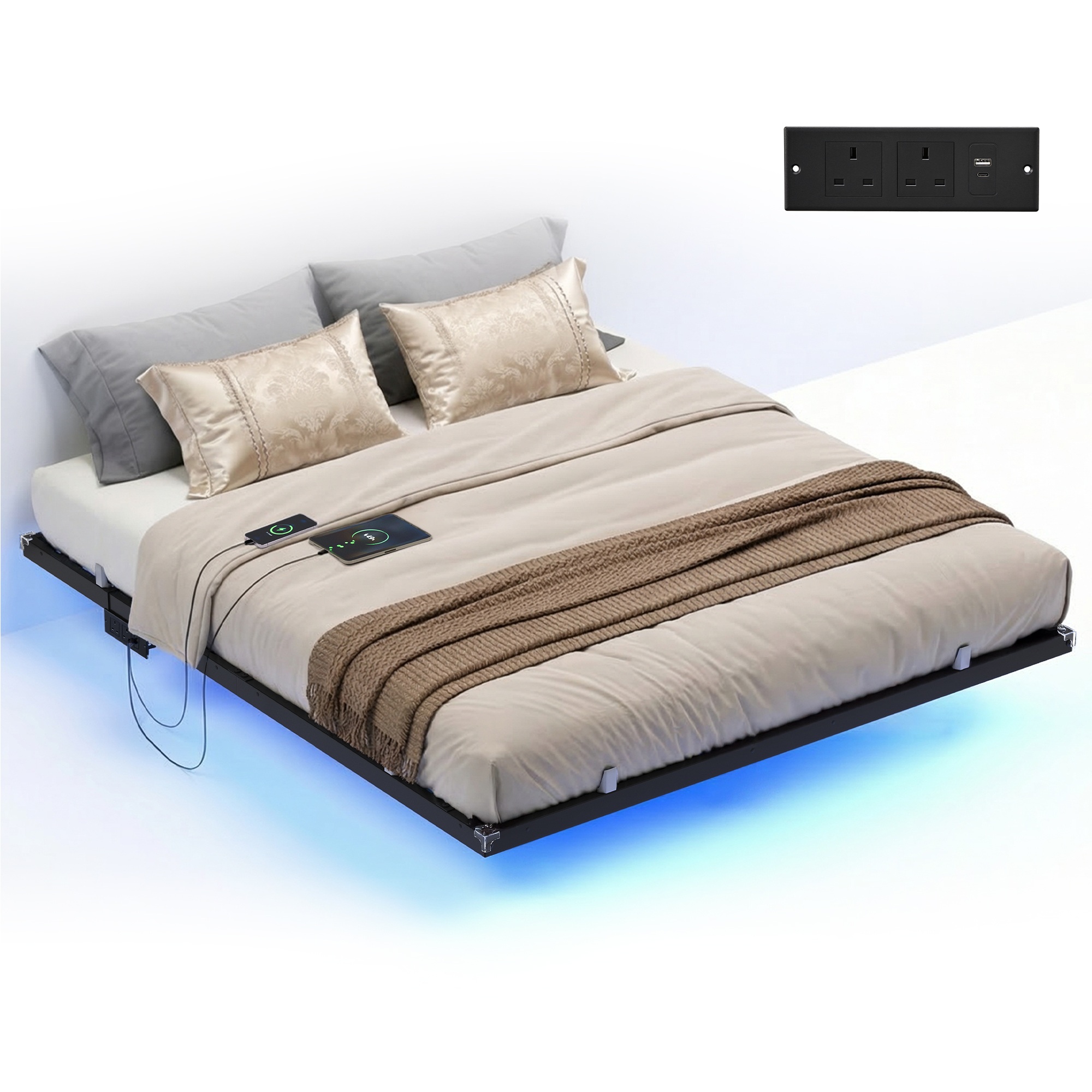 King Floating Bed Frame 150 x 200 cm, Platform Bed with LED Lights and Charging Station, Padded Sides