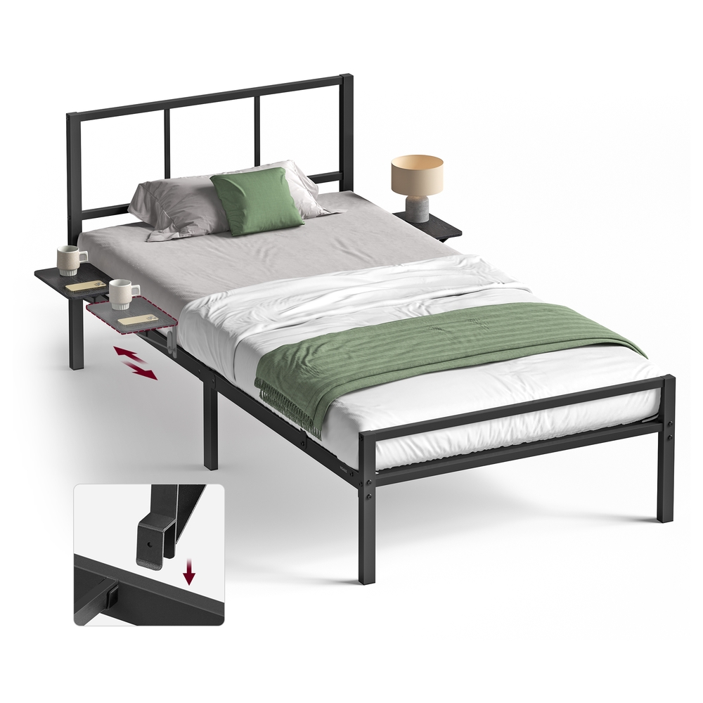 Single Metal Bed Frame with Headboard Matte Black