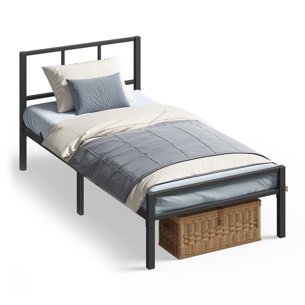 Single Bed Frame,  with Slats and Headboard, Ink Black