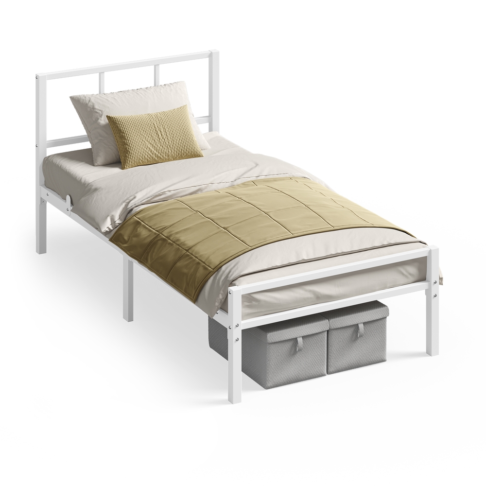 Bed Frame, 90 x 190 cm, with Slats and Headboard, Matte White