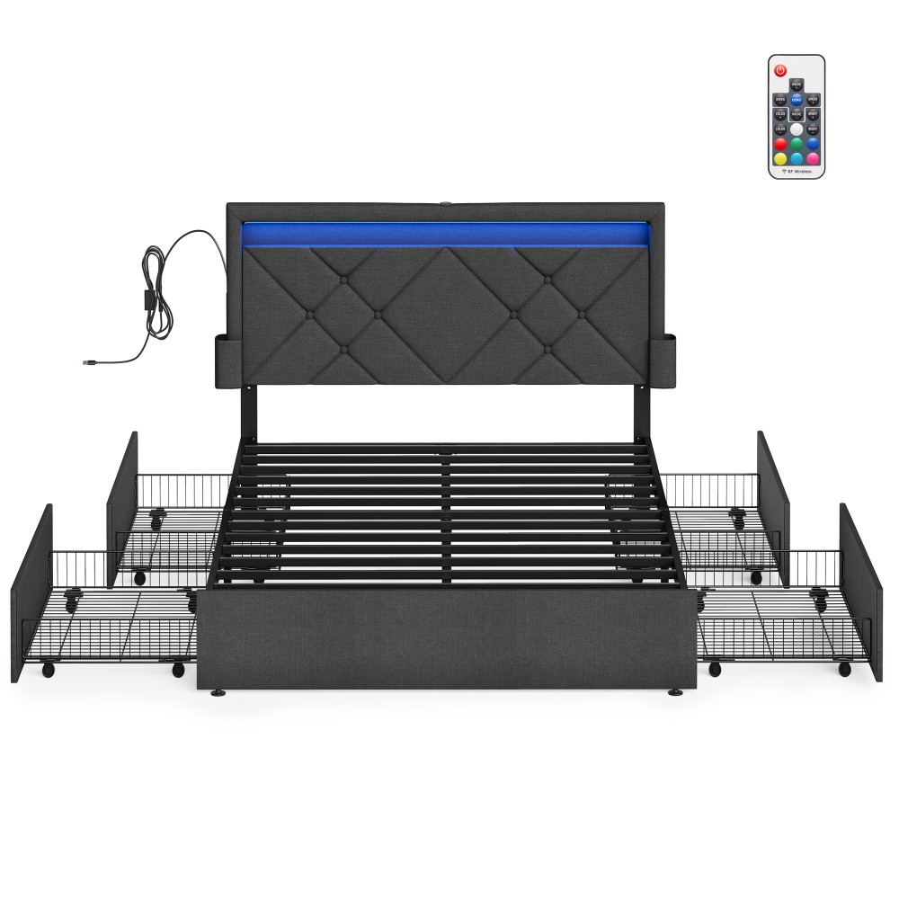 Double Bed Frame with LED Lights and Underbed Storage Drawers Slate Grey