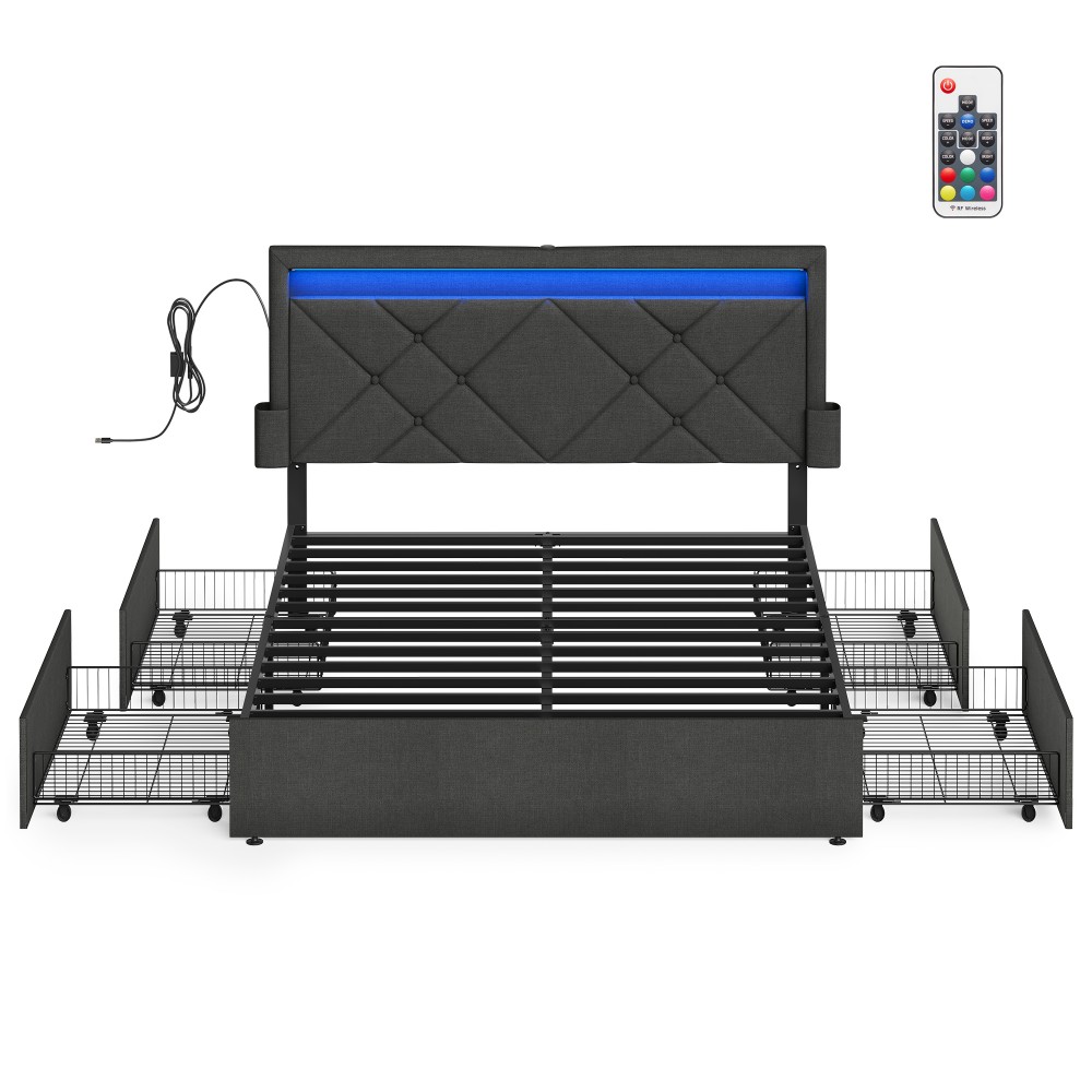 King Bed Frame with LED Lights and Underbed Storage Drawers Slate Grey
