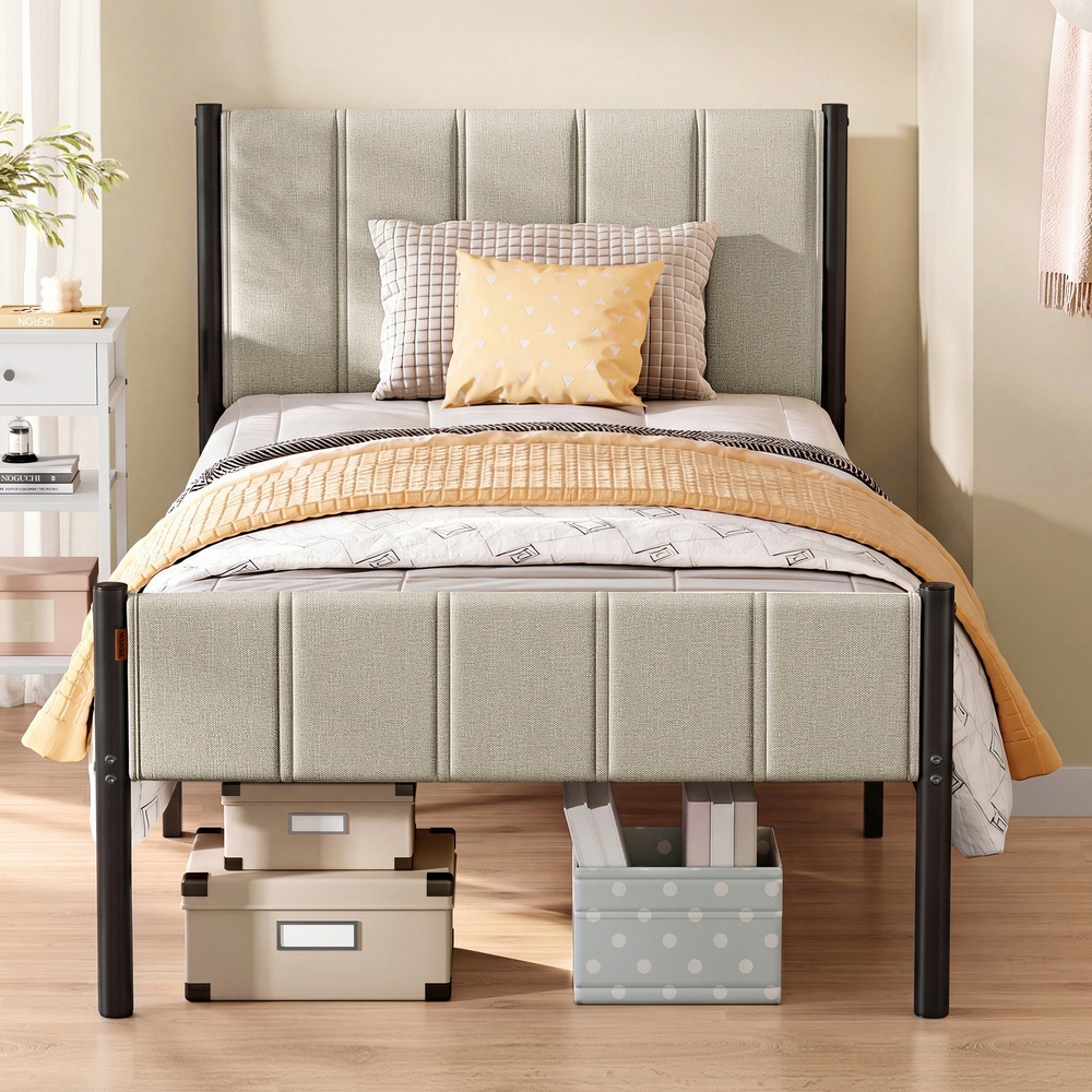 Single Bed Frame, Metal, with Upholstered Headboard, 90 x 190 cm