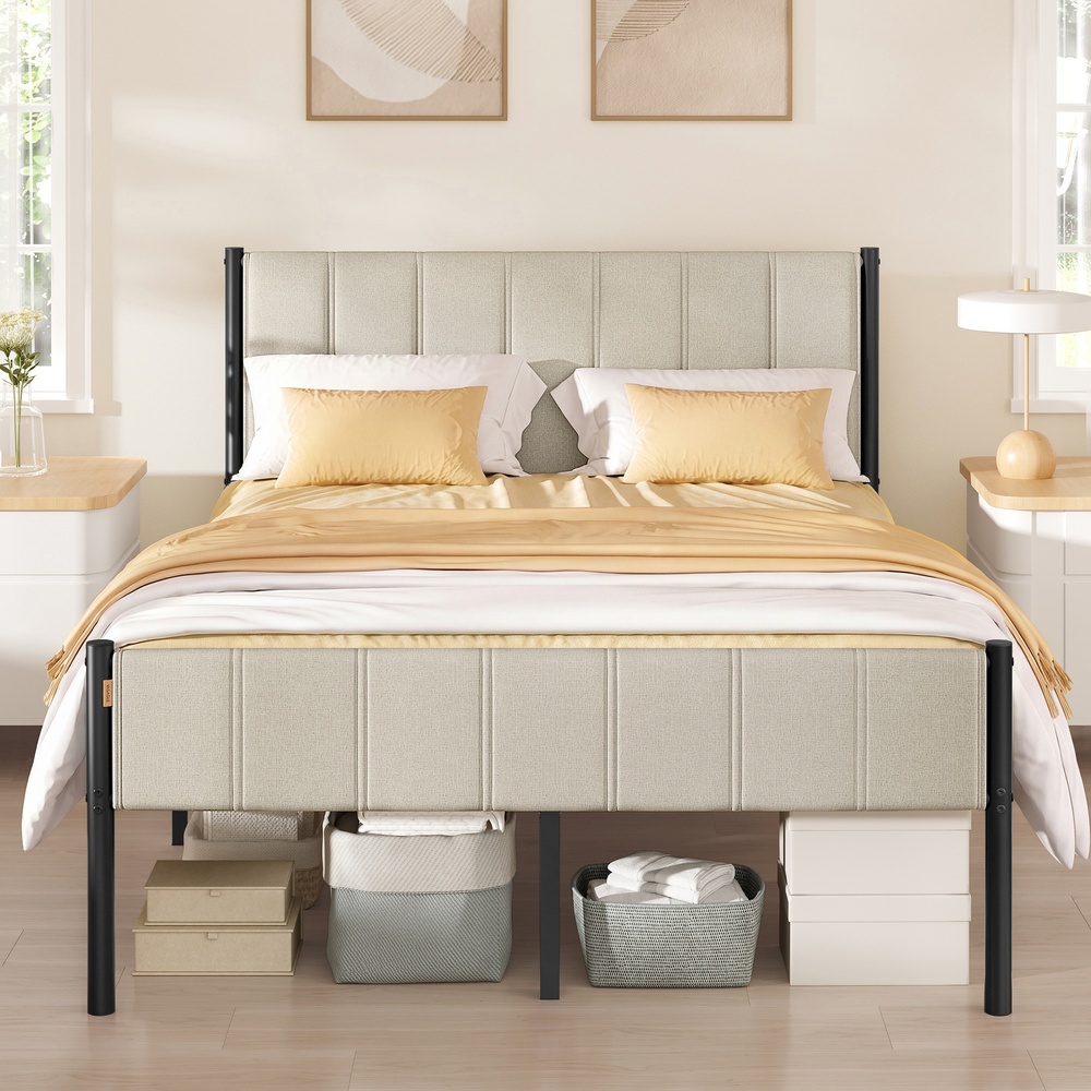 Metal Double Bed Frame, with Upholstered Headboard, 135 x 190 cm