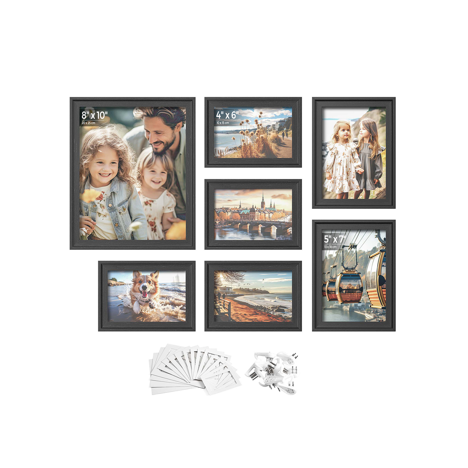 Set of 7 Picture Frames with 9 Non-Trace Nails Ash Black