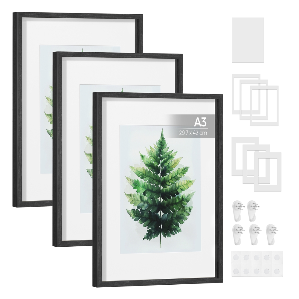 Set of 3 Photo Frames with Mats Ash Black