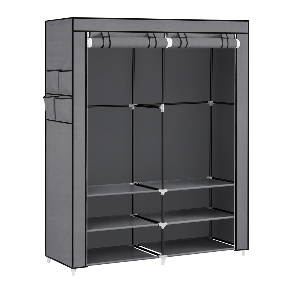 Clothes Wardrobe, Portable Closet, 45 x 127 x 176 cm, 2 Hanging Rails, Shelves, and 4 Side Pockets, Large Capacity for Bedroom, Living Room, Grey RYG008G02