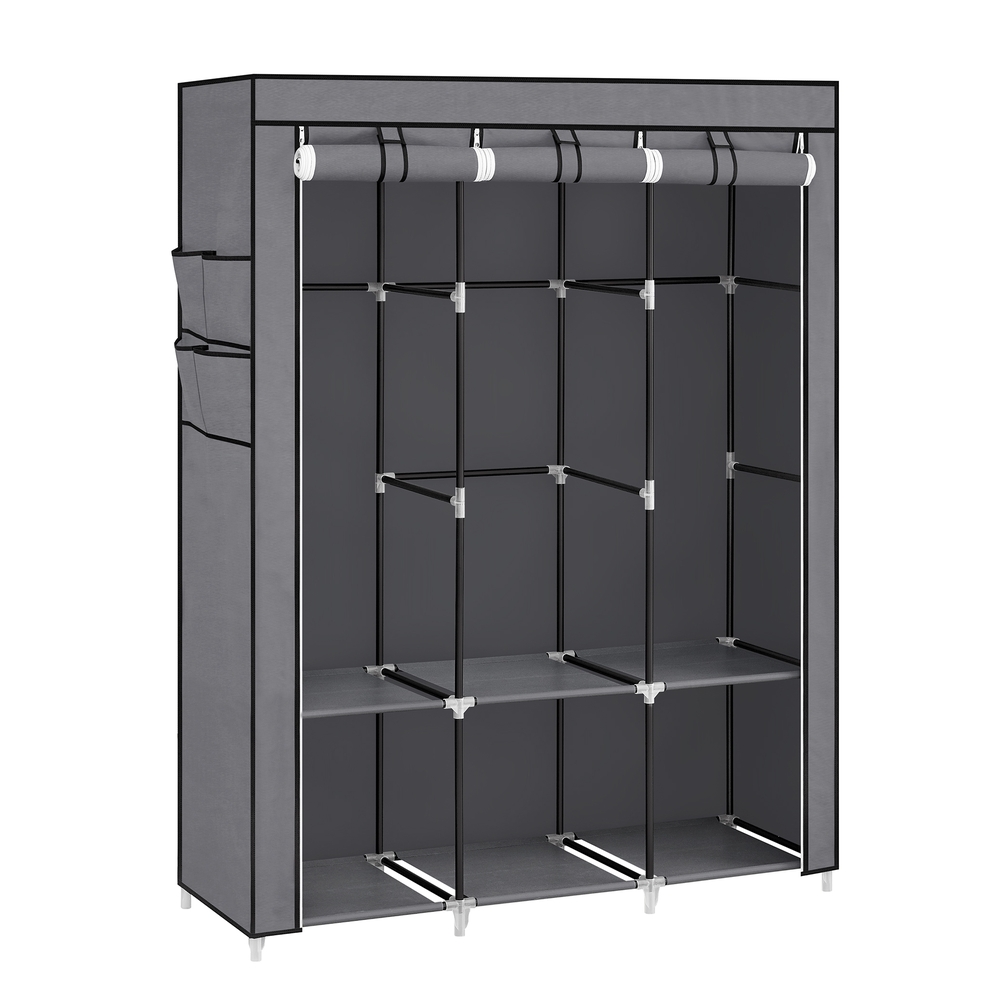 Clothes Wardrobe, Portable Closet with Cover, 45 x 130 x 167 cm, 3 Hanging Rails, Shelves, 4 Side Pockets, Large Capacity for Bedroom, Living Room, Grey RYG092G02