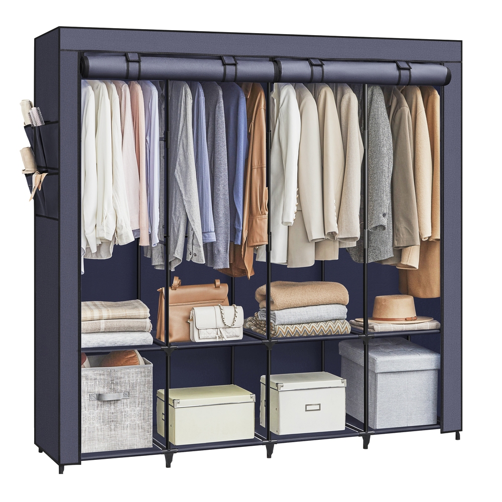 Portable Closet with 4 Hanging Rails & Shelves, Large Capacity Wardrobe Organizer with Side Pockets for Bedroom, Dark Blue Portable Closet with 4 Hanging Rails & Shelves, Large Capacity Wardrobe Organizer with Side Pockets for Bedroom, Dark Blue