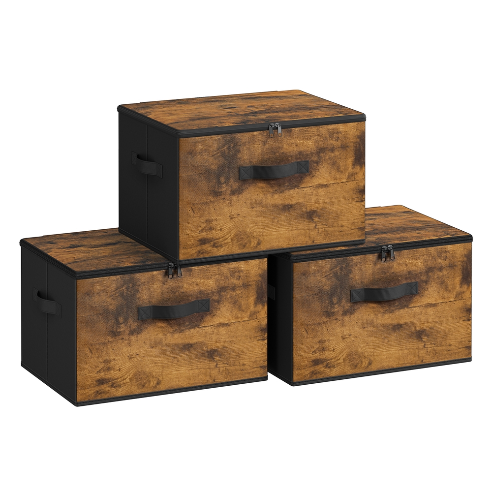 Set of 3 Brown Fabric Storage Boxes with Lid