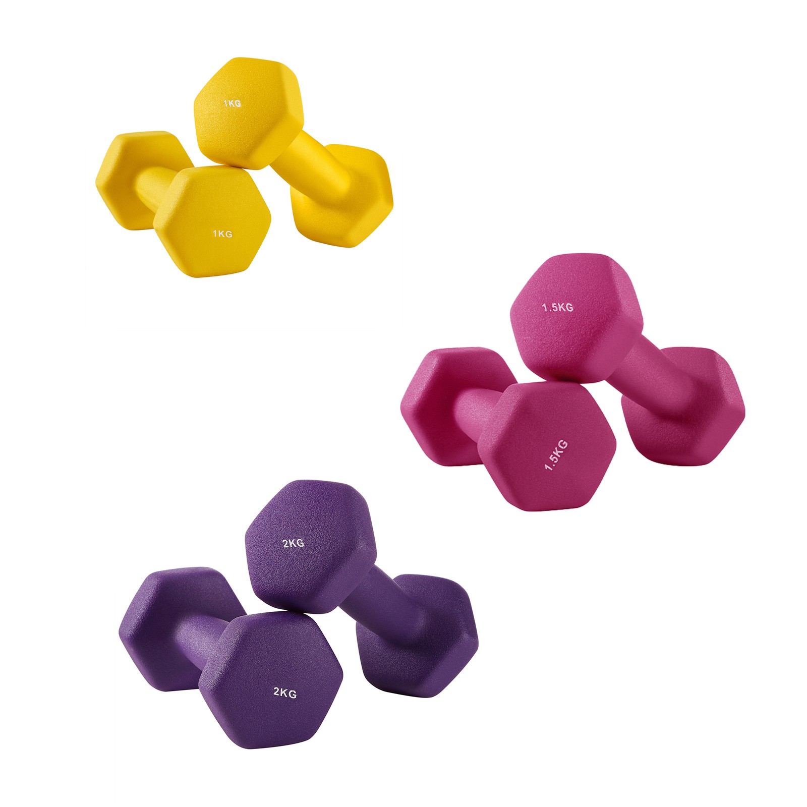 Hex Neoprene Dumbbells Set with Stand, 2 x 2 kg, 2 x 1.5 kg, 2 x 1 kg